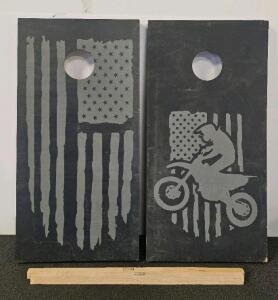 Custom Cornhole Boards Set, 48"x24", Wood, American Flag & Motocross Design, 2 Boards With Legs