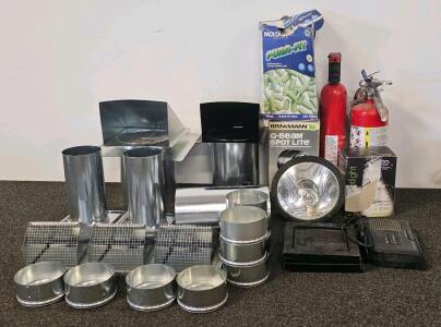 Mixed Lot: Steel Building Vents, Fire Extinguishers, Brinkmann Q-Beam, Sony ICF-C25, Earplugs