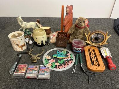 Rustic Wooden Bear Paper Towel Holder, 7" x 7" x 12", Free-Standing, Two Wax Warmers (Both Turns On), Metal Elk Head, Flash Light, And More