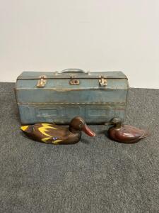 Vintage Metal Tackle Box With 1977 Old Charter Wooden Duck Pair, Japan, Cork-Lined Trays