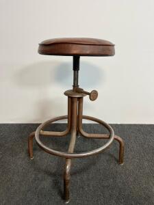 Vintage Industrial Adjustable Metal Stool With Brown Leather Seat And Round Footrest