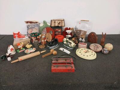 Vintage Kitchenware & Decor: 35+ Pieces, GE & Sunbeam Irons, Retro Wall Clock, Glass & Wood