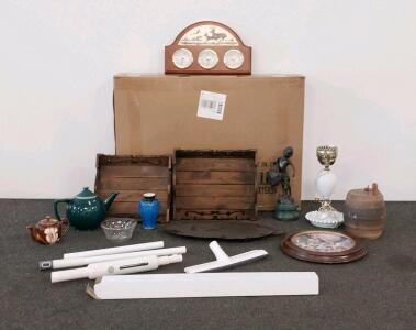 Rustic Wooden Serving Tray Set, Ceramic Beverage Barrel Dispenser, Boy Statuette, & More
