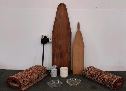 Vintage Wooden Ironing Board, Pyrex Pie Plate, Turkish Runner Rug, Stoneware Pitcher, & More