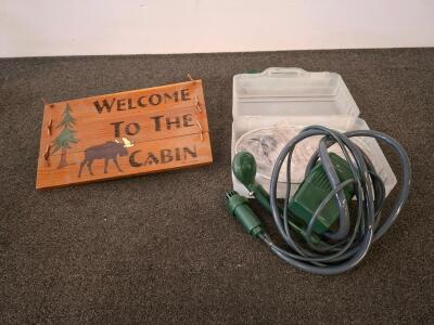 Minnow Pump Portable Battery-Powered Camp Shower with Carry Case, welcome to the cabin wall art.