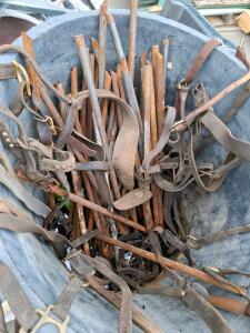 Assorted Vintage Horse Tack and 5-ft Rusty Steel Fence Posts Lot &ndash; Leather, Chains, Hardware