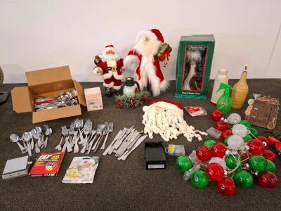Holiday Decor & Flatware Lot &ndash; Santa Figures, String Lights, Forest Santa Box, Kitchen Items
