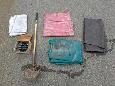 Lot of tarps, shower pan liner, shovel, clamps.