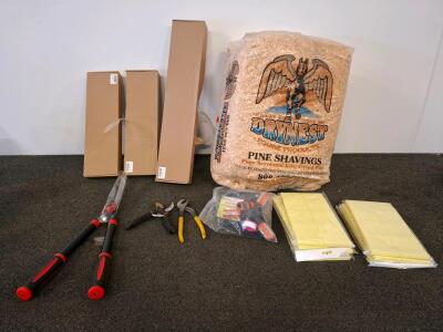 Garden Tools Lot &ndash; Pine Shavings 35 cu ft, WOVYUU Sprinkler Kit, Pruners, sticky notepads, organizers and more