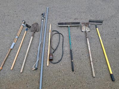 Mixed Garden Tools Lot &ndash; Shovels, Rake, Hoe, Broom, tree trimmer with, Poles, weed burner attachments, magnet with pole, Wood & Fiberglass Handles
