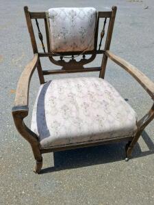 Vintage Wooden Upholstered Armchair with Floral Damask, Carved Back & Casters, Circa 1900-1940
