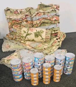 King Size Quilt, 3 Pillow Shams, 3 Throw Pillows, 44 Cans Wet Cat Food