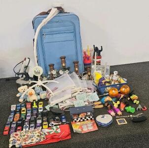 Suitcase, Fisher-Price Baby Monitor (tested, works), Iron (tested, works), Mobile, Toy Cars and More