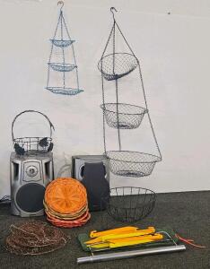 4 Hanging Fruit Baskets, 6 Picnic Plate Holders, Aiwa Speaker, Teac Speaker, and More