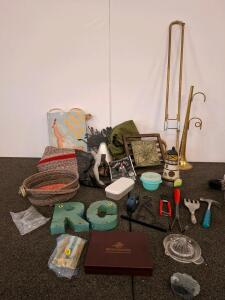 Mixed Tool & Decor Lot: Brass Trombone Parts, Winchester Box, Tools, Basket, More