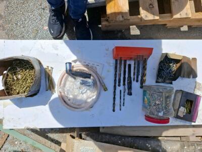 Assorted Construction Fastener Lot with Delta Faucet Sprayer Hose, Drill Bits, Staples & More
