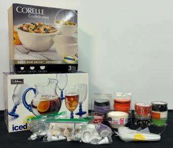 Corelle 3-Piece Sandstone Bowl Set, Libbey Iced Tea Set, Bulk Baking Accessories, 20+ Pieces