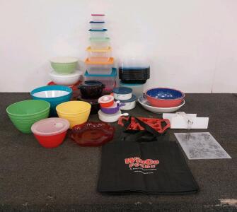 Large Mixed Lot: Food Storage Containers, Bowls, Disney Stencil Sheets, WinCo Totes