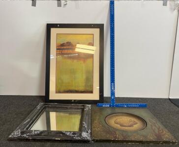 Set Of Framed Abstract Landscape Print, Seashell Wall Art, And Ornate Square Decorative Mirror, 24"x24", drywall square