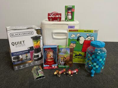 Igloo IMX 24-Quart White Cooler with Cup Holders and Bottle Opener, BLACK+DECKER Quiet Blender With Cyclone Glass Jar, Elite Series, BL1400DG-P Working, Peanuts Frame Puzzle, Wizard Of Oz 1000-Piece Puzzle, Disney PEZ, Snow Globe & More Collectibles