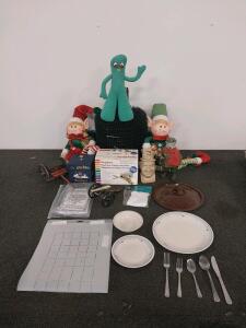 Simplicity Rotary Cutting Machine, Grid Stencil, 4 Rolls Plastic Cat Repellent Mesh, Elf Plush Dolls & Dishware Model Cannon and Limber, Approx. 1:16 Scale, Wood and Metal Construction, "Rodney Rat" figure, 14-inch Nanco Gumby, and vintage 1950s W.C. Fiel