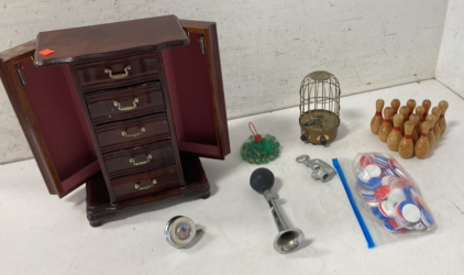 Jewelry Box, Vintage Bike Horn/Bell, Poker Chips and Assorted Decor