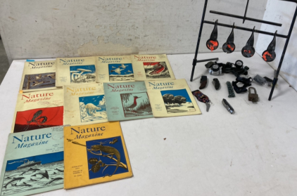 Shooting Target, (10) Vintage Nature magazine, (5) Knives, (3) Headlamps & A Lock