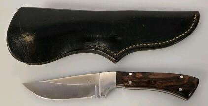 Custom Fixed-Blade Hunting Knife, JW Maker Mark, Full Tang, Hardwood Handle, Leather Sheath