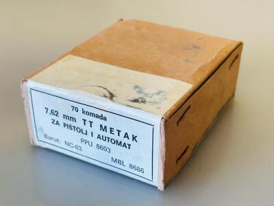 PPU 7.62x25MM Tokarev TT 70rd Box, 1986 Surplus, FMJ, Yugoslavian Military Ammo, Lot MBL 8686