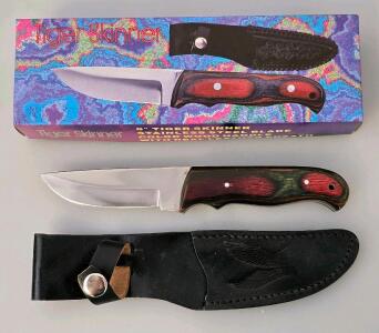 Tiger Skinner Fixed Blade Knife With Color Wood Handle And Leather Sheath