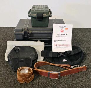 Firearm Accessory Lot: Springfield Armory, Ruger M-77 Manual, Bushnell, Survivor Dry Box, Sling