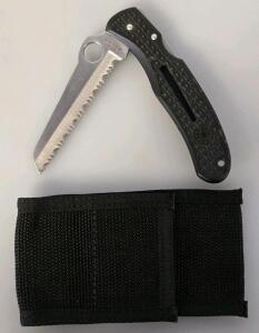Spyderco Rescue AUS-8A Stainless Serrated Folding Knife, 3.5" Blade, Black FRN, Sheath, Japan
