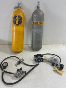 SCUBA Gear,( 2) &ldquo;aqua-lung&rdquo; branded scuba tank, Vintage Nemrod brand Scuba Regulator,Vintage Voit Swimaster Titan II 2-stage balanced diving regulator, Aqua Lung Vintage Regulator.