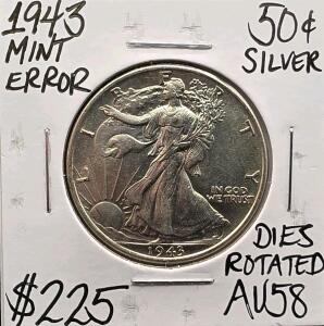1943 AU58 Mint Error Silver Walking Liberty Half Dollar