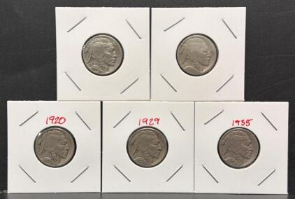 Buffalo Nickel Lot &ndash; 1920, 1929, 1935, Indian Head 5&cent; US Coin Circulated | Set of 5