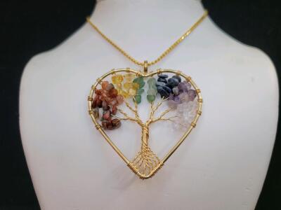 Heart Shaped "Tree of Life" Multi-Colored Gemstone Necklace