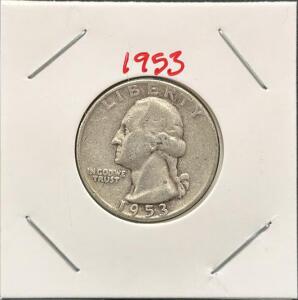 1953 Washington Quarter, 90% Silver, Circulated, Philadelphia Mint, John Flanagan Design
