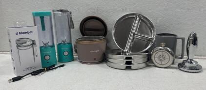 Perfect little camping lot !BlendJet 2 Portable USB-C Blenders - Turquoise, 16oz, w/ Orbiter Lid & Charger Included, plates, mini crockpot and a pampered chef meat tenderizer!