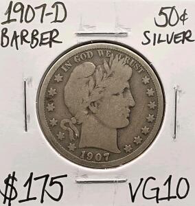 1907-D VG10 Barber Silver Half Dollar