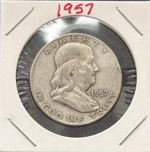 1957 Franklin Half Dollar Silver Coin &ndash; Philadelphia Mint, Circulated, 90% Silver