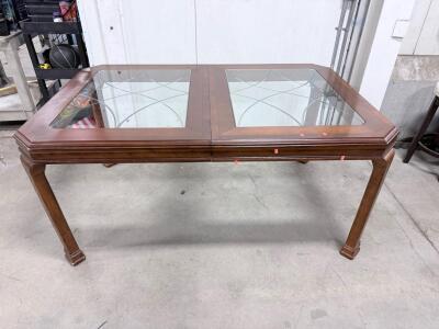 Rectangular Glass-Top Dining Table with Carved Wood Legs and Etched Glass Design 72" L x 40" W x 30" H