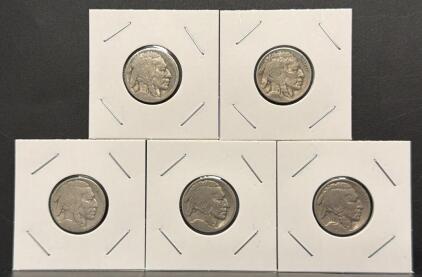 Buffalo Nickel Lot &ndash; 5 Circulated Indian Head 5 Cent US Coins, Fraser Design, Copper-Nickel