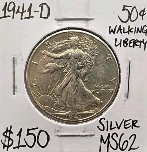 1941-D MS62 Mint State Silver Walking Liberty Half Dollar