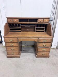Oak Roll-Top Desk, 9 Drawers, Brass Hardware, 54" x 28" x 47", Multi-Compartment Organizer