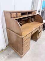Oak Roll-Top Desk, 9 Drawers, Brass Hardware, 54" x 28" x 47", Multi-Compartment Organizer - 2