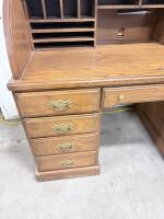 Oak Roll-Top Desk, 9 Drawers, Brass Hardware, 54" x 28" x 47", Multi-Compartment Organizer - 9