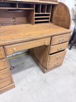 Oak Roll-Top Desk, 9 Drawers, Brass Hardware, 54" x 28" x 47", Multi-Compartment Organizer - 10
