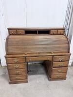 Oak Roll-Top Desk, 9 Drawers, Brass Hardware, 54" x 28" x 47", Multi-Compartment Organizer - 11