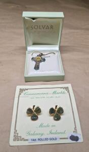 (1) Solvar Sterling Silver Celtic Cross Pendant Featuring An Authentic Irish Shamrock & (1) Pair Of 14k Rolled Gold Connemara Marble Irish Galway Clover Shamrock Clip Earrings