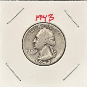 1943 Washington Quarter Dollar, 90% Silver, Philadelphia Mint, Circulated Grade